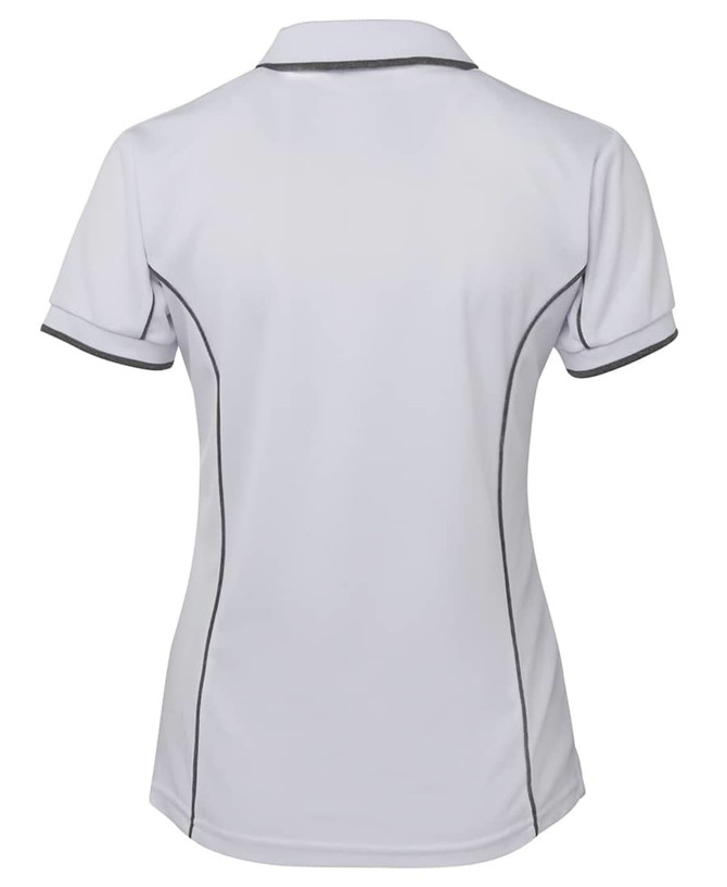 A white polo shirt with grey piping details at the collar and sleeves, featuring a logo on the back.
