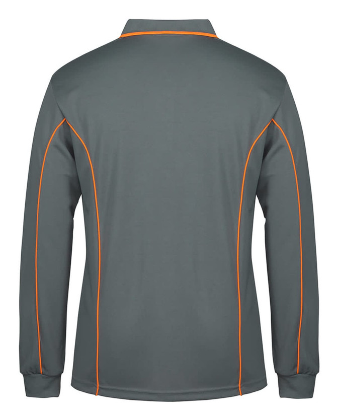 A long-sleeve polo shirt in dark grey with orange piping details and a collar. It features a logo on the front.