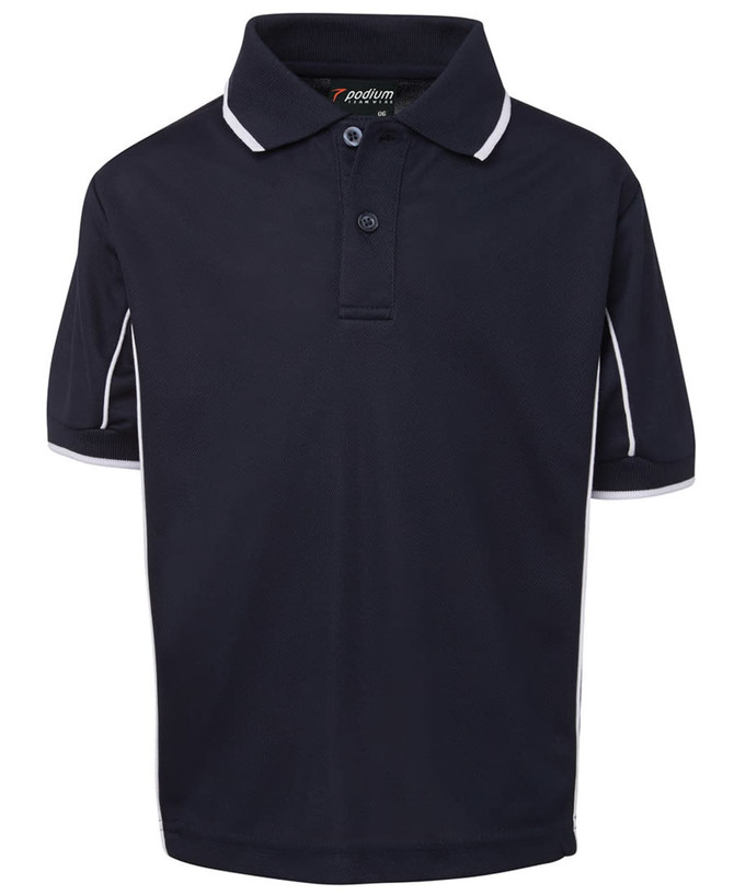 A navy blue polo shirt with white piping, featuring a collar and short sleeves, includes a branding logo.