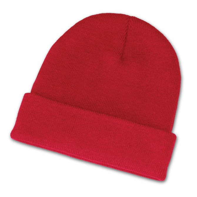 A red beanie featuring a folded cuff.