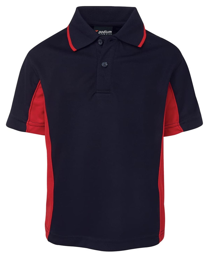 A navy blue and red polo shirt with a collar and logo. Short sleeves with contrasting side panels.