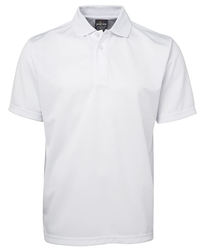 A white polo shirt with a collared neckline and short sleeves, featuring a logo on the chest.
