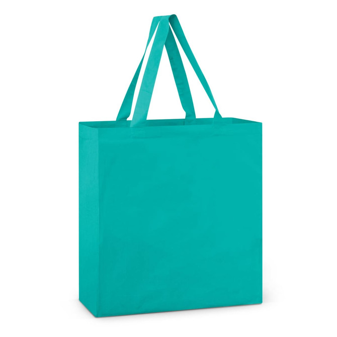 A turquoise cotton tote bag with two handles, designed for promotional use.