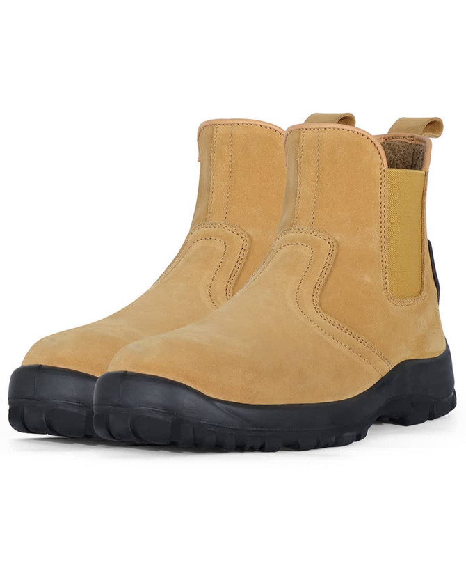 A pair of black and tan elastic-sided safety boots with a rugged sole and a branded logo.