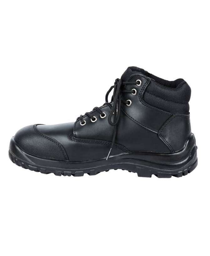 A black safety boot featuring a lace-up design, padded collar, and a rugged sole for support.