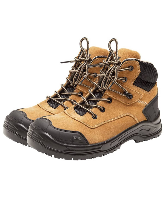 A pair of tan and black JB's Cyborg Zip Safety Boots with laces and a rugged sole. They feature a branding logo.