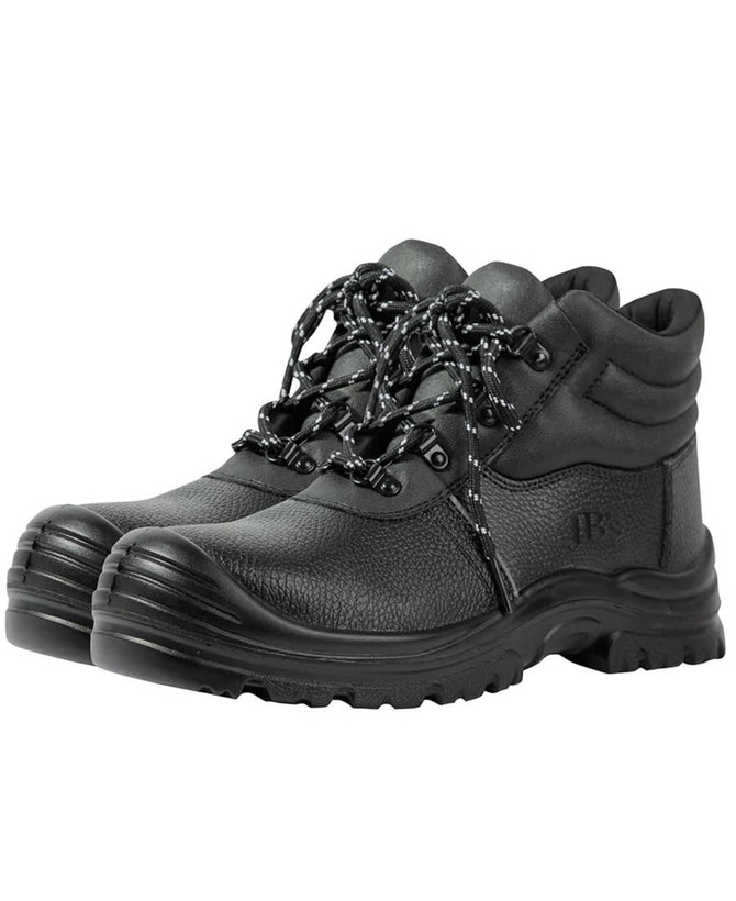 A pair of black lace-up boots with a textured finish and a rubber sole, featuring a logo on the side.