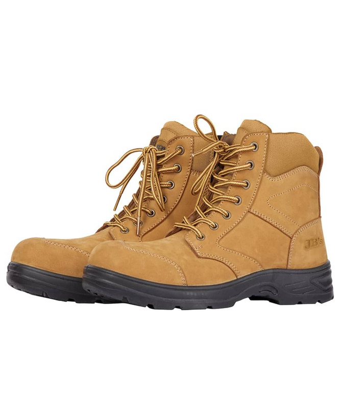 A pair of brown composite toe style boots with a sturdy black sole and laces. The boots feature reinforced stitching and branding.
