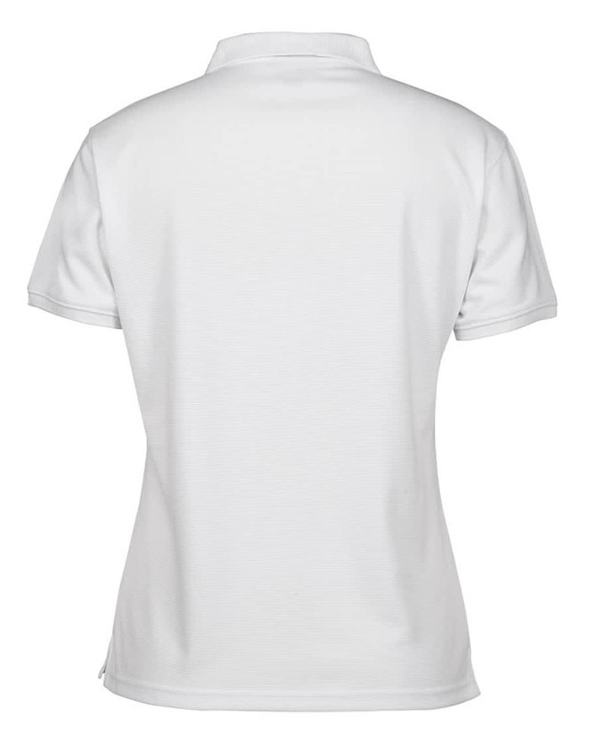 A ladies' polo shirt in white, featuring a classic design and a collar, with a logo on the back.
