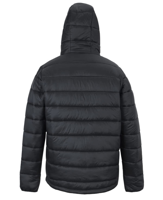 A black urban hooded puffer jacket featuring a quilted design and a hood. The back view highlights its structure.