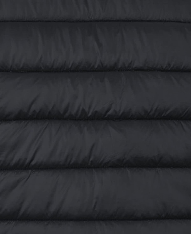A black puffer jacket with a quilted texture, featuring horizontal stripes and a logo.