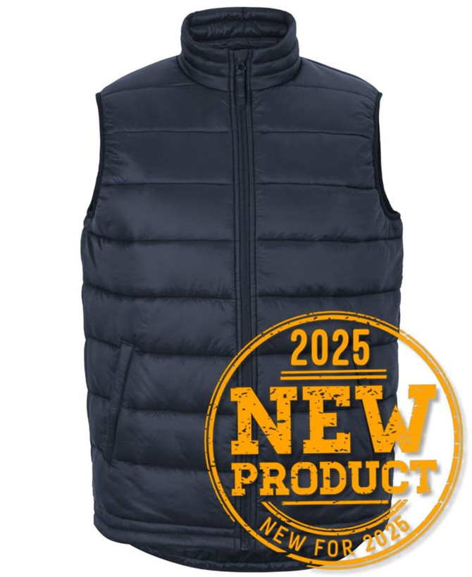 A navy puffer vest with a high collar and a front zipper, featuring a logo on the upper left side.