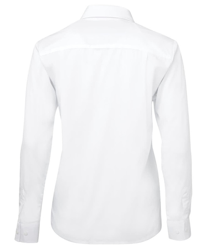 A white long-sleeve poplin shirt for ladies, featuring a back view with a smooth finish and collar.