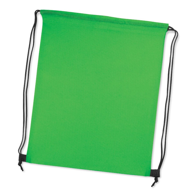 A green drawstring backpack with black cords, featuring a simple design and a logo.