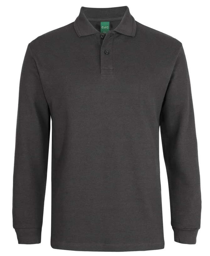 A dark green long-sleeve polo shirt with a collar, featuring a branded logo on the exterior.