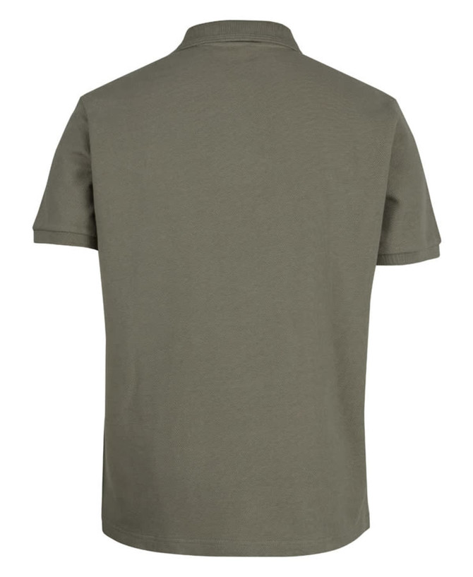 A green cotton polo shirt with a classic short-sleeve design and a collar, featuring a logo.