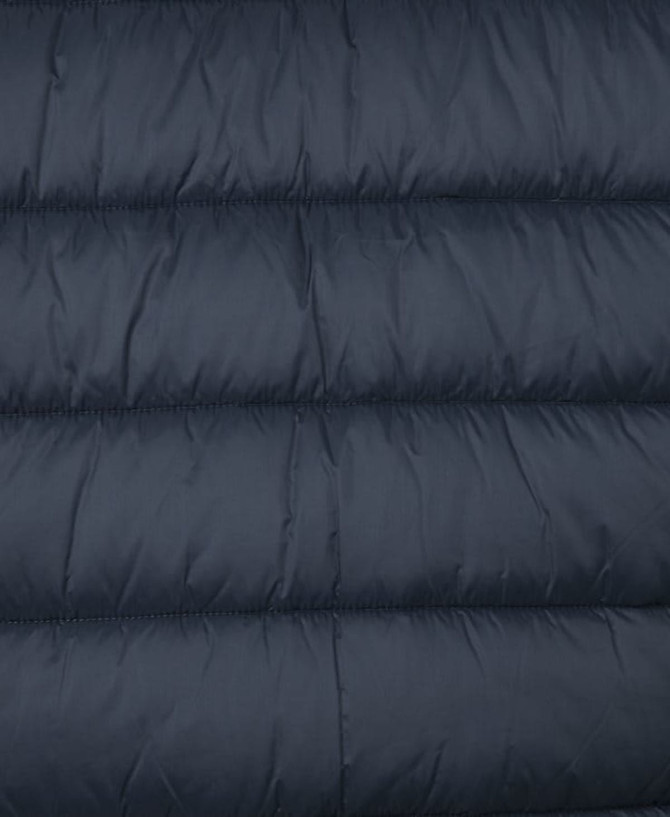 A dark navy puffer jacket with a quilted design and visible stitching details. The fabric appears smooth and lightweight.