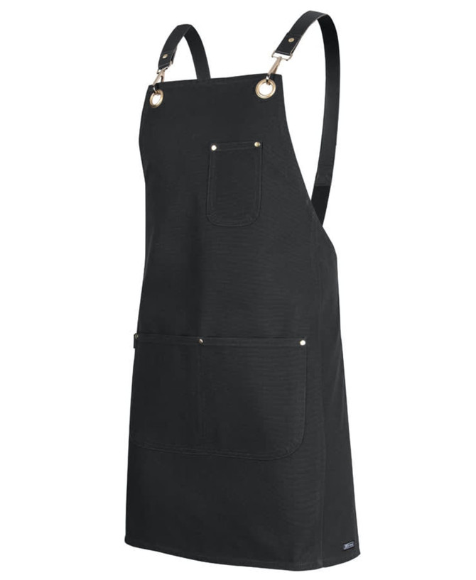 A black canvas apron with brass eyelets, adjustable PU straps, and a front pocket.