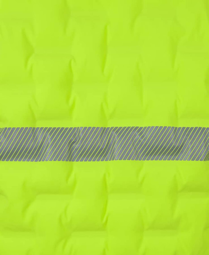 A bright yellow puffer vest featuring a grey striped band across the centre and a logo.