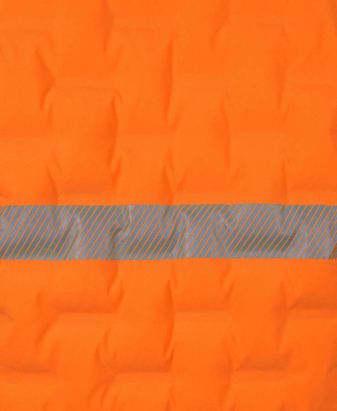 An orange puffer vest featuring a grey striped band across the centre, with a logo.