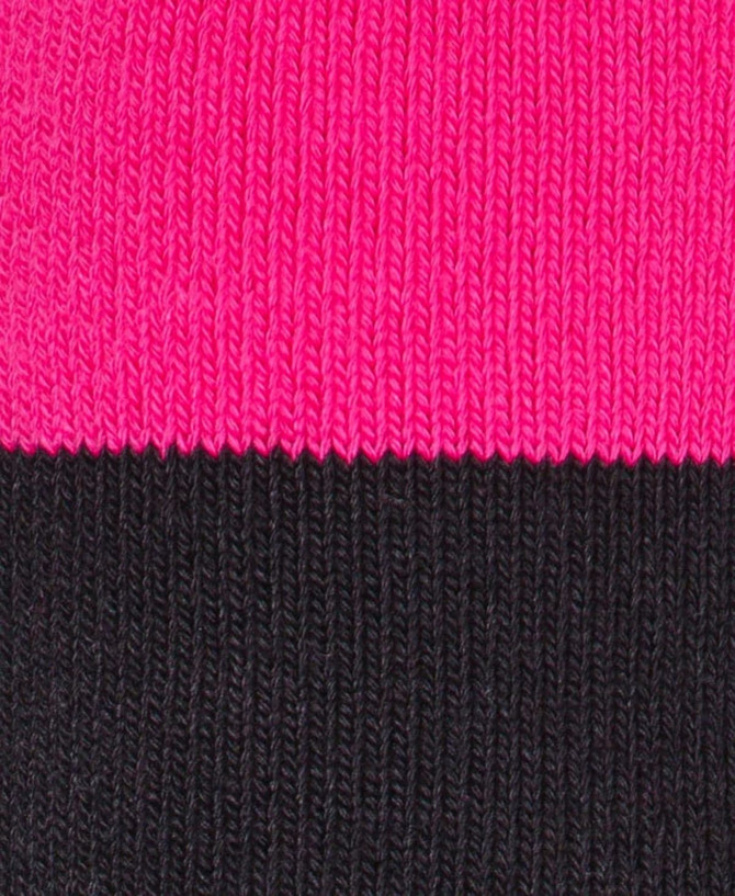 A close-up of a textile featuring pink and black stripes, part of a women's work sock. The image includes a logo.