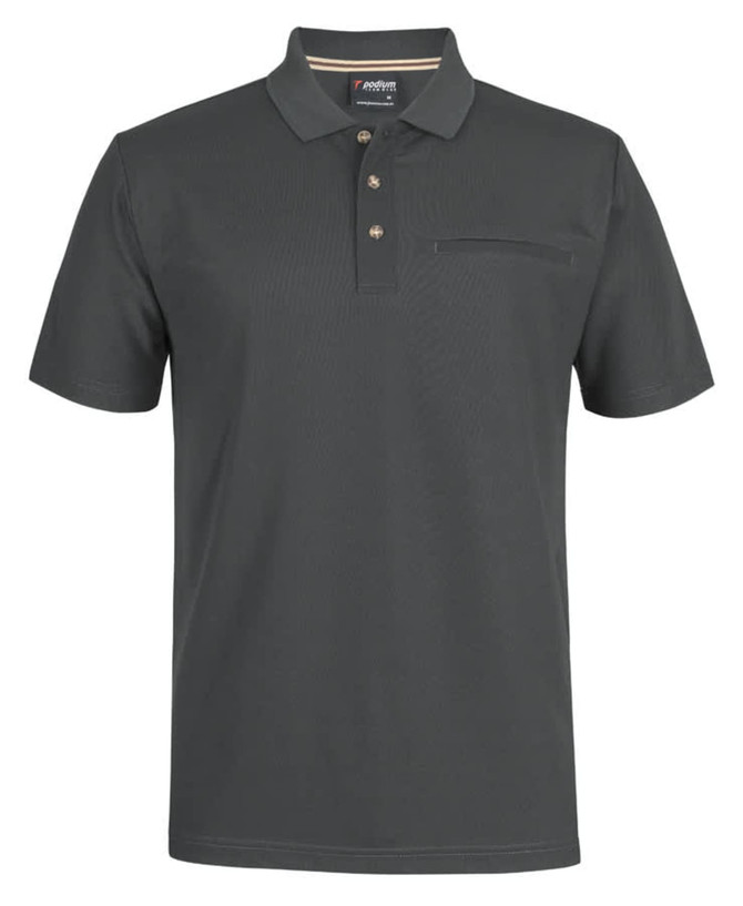 A dark grey polo shirt made from recycled polyester, featuring a pocket and a logo on the chest.