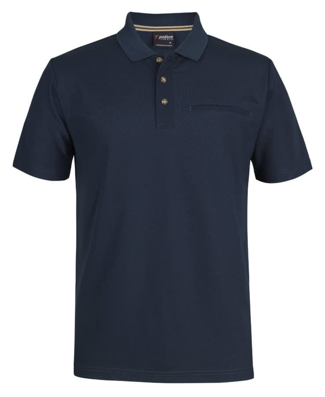 A navy polo shirt made of recycled polyester, featuring a pocket and a branded logo.