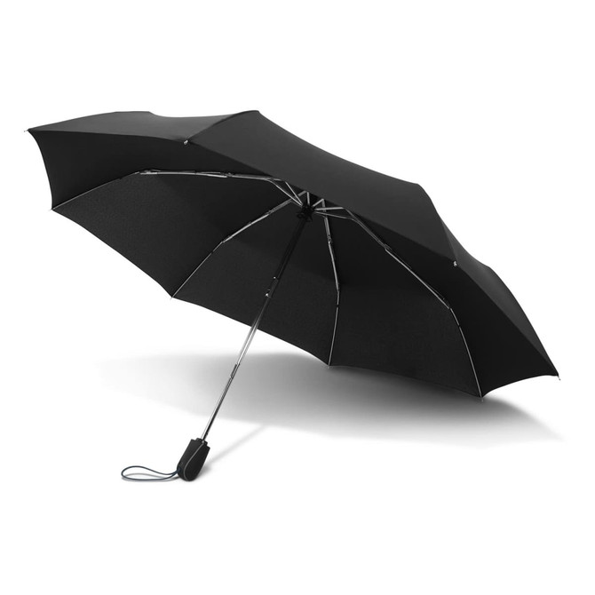 A black umbrella with a metallic handle and a simple design, featuring a logo on the handle.