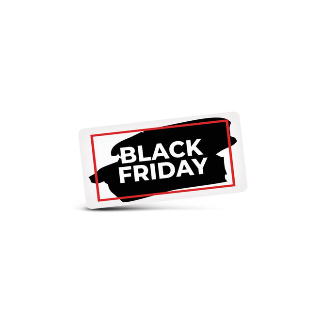 A rectangular sticker featuring a black brushstroke background with the words 'BLACK FRIDAY' in bold white text.
