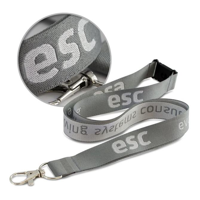 A grey Jacquard lanyard featuring a clip for attachment and a logo along its length.