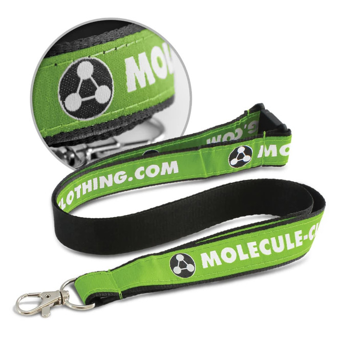 A green woven lanyard featuring a logo and a clip attachment at one end.