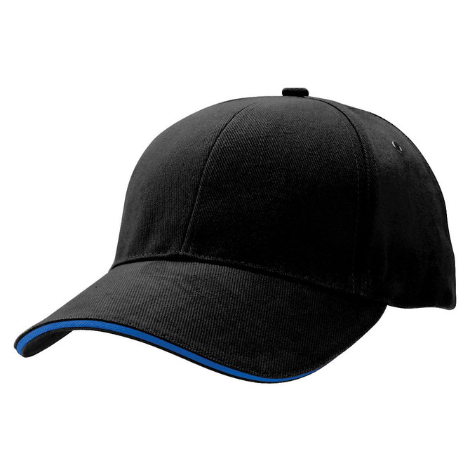 A black cap with a blue trim and a logo on the front.
