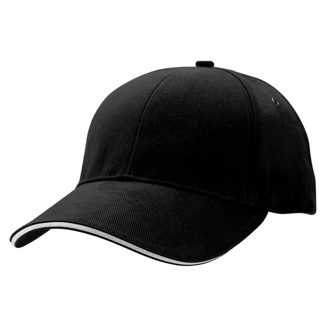 A black sandwich peak cap with a contrasting white trim, featuring an embroidered logo on the front.