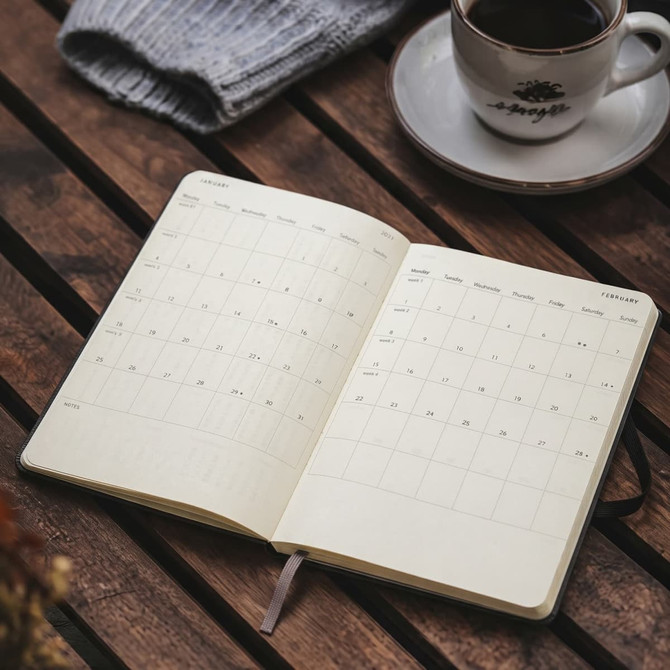 A Moleskine 2027 planner with a cream-coloured interior, opened to show weekly layouts, next to a cup of coffee.