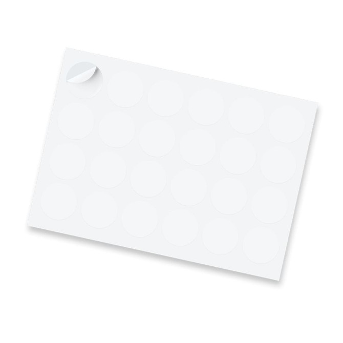 A sheet of glossy stickers featuring 44mm white circles, with one corner slightly peeled back.