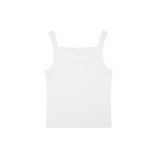 A white organic collegiate tank top with thin straps, featuring a simple design and branding detail.