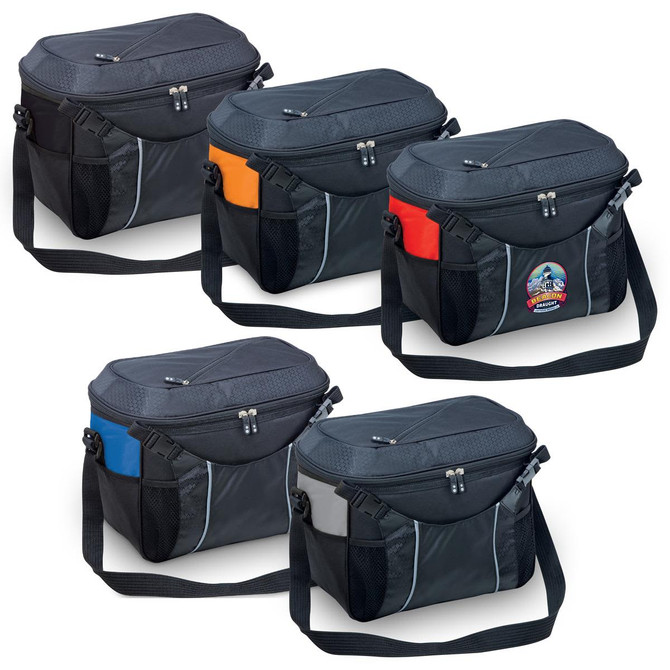 Five insulated cooler bags in black with various coloured accents: orange, red, blue, and one featuring a logo.