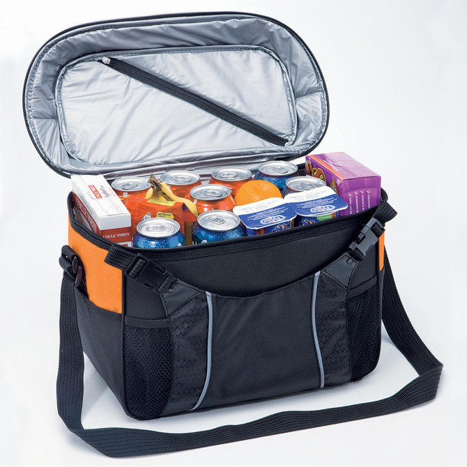 A cooler bag in black and orange filled with drinks and snacks, featuring a zippered opening and a shoulder strap.