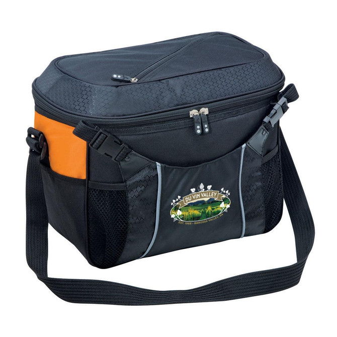 A black and orange cooler bag featuring a logo, with a zip closure and adjustable strap.