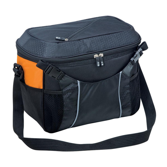 A black and orange cooler bag featuring a zippered top, side pockets, and an adjustable shoulder strap.