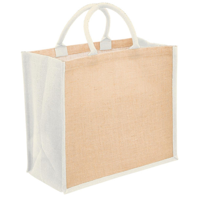 A jute tote bag with a wide gusset, featuring natural beige and white accents. It has two sturdy handles and a logo.