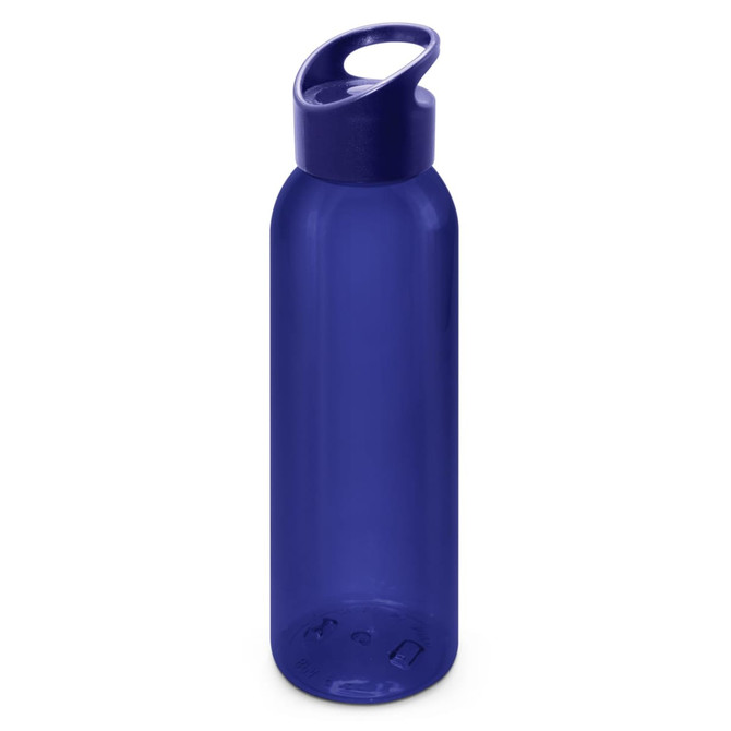 A drink bottle with a sleek, transparent blue design and a convenient handle on the cap.