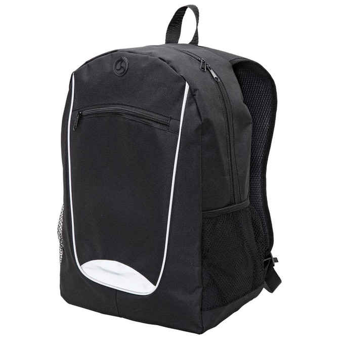A black backpack featuring a mesh side pocket and a logo. It has a front zip pocket and padded back for comfort.
