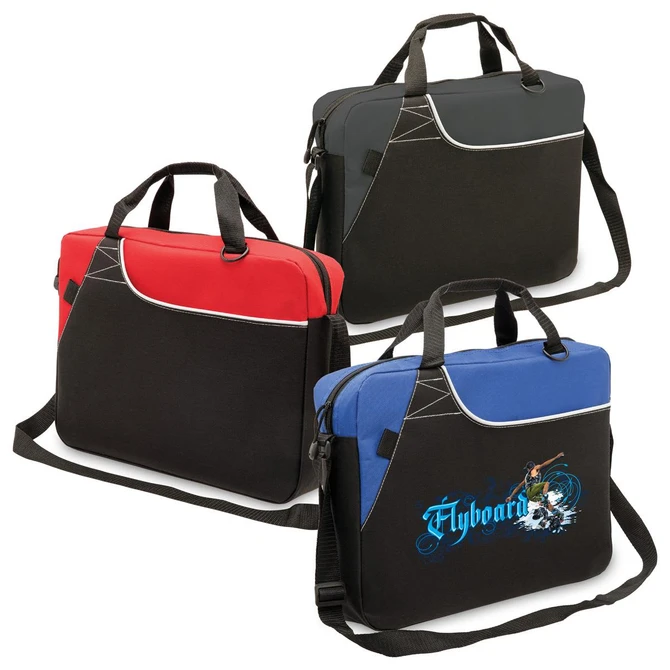 Three laptop bags in black, red, and blue, featuring handles and adjustable straps, with one bag displaying a logo.