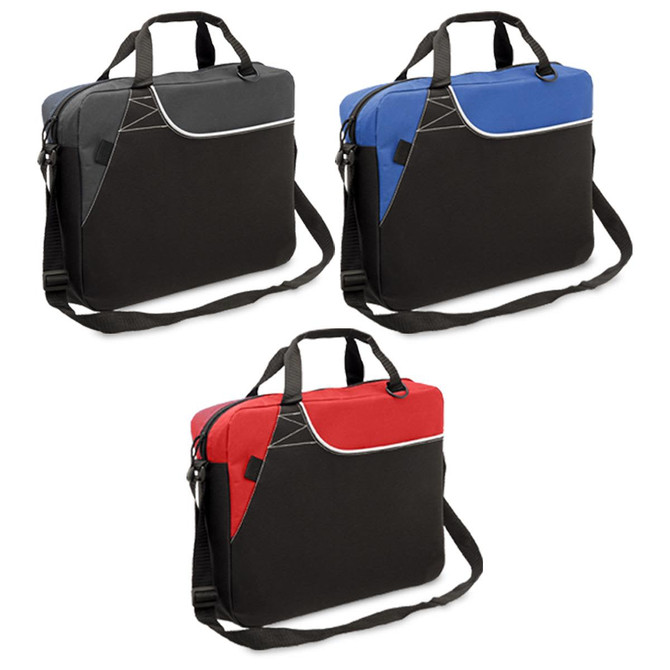 Three laptop bags in black with accents in grey, blue, and red, each featuring a shoulder strap and handle.