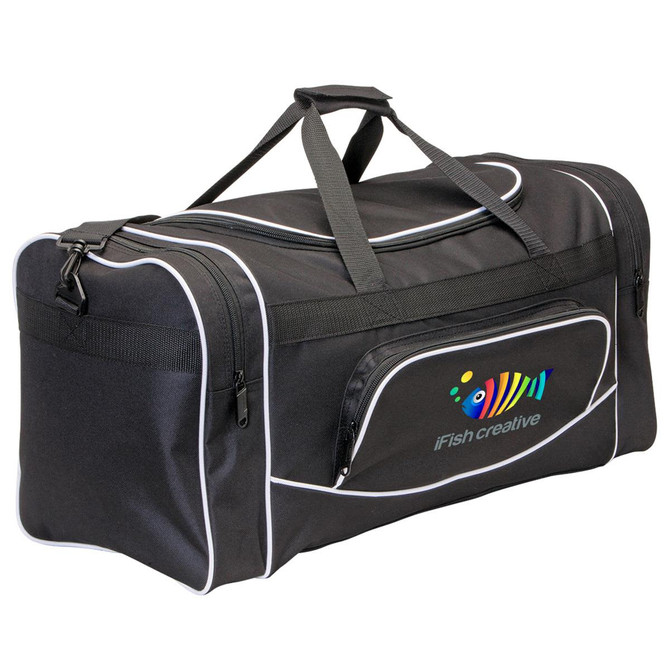 A black duffle bag with white accents and a logo on the front. It features a zippered pocket and sturdy handles.