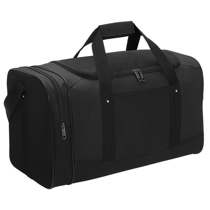 A black duffle bag with dual handles, a removable shoulder strap, and zippered compartments. It features branding.
