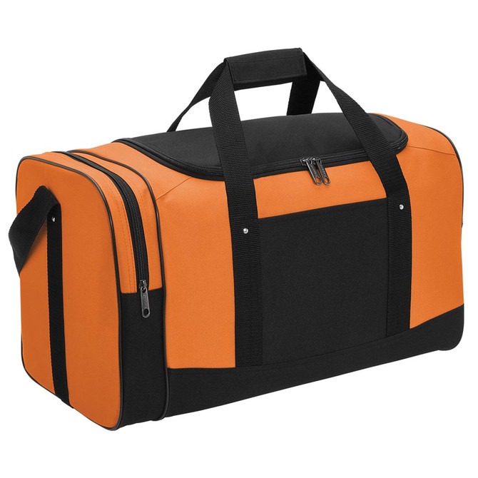 A duffle bag in orange and black with dual zip pockets and sturdy handles, featuring a logo.