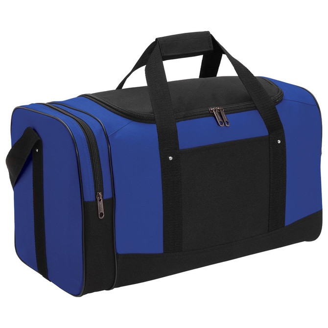 A blue and black duffle bag featuring dual handles and a zip closure, with an additional side pocket and a logo.