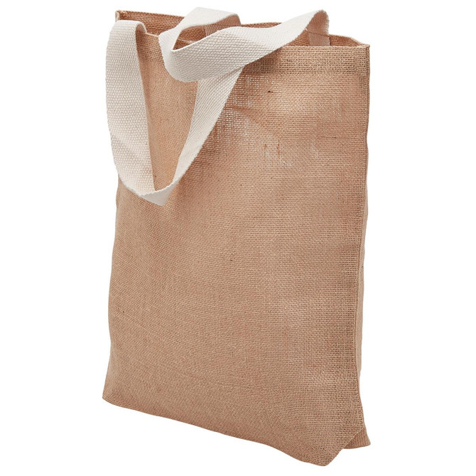 A reusable grocery bag in natural jute with white handles and a simple design, featuring a logo.